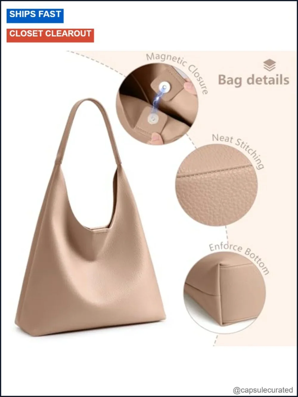 Slouchy 34cm Hobo Bag - Soft Vegan Leather with Suede Lining, Magnetic Closure,